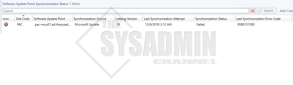 SCCM Software Update Point Synchronize Status Failed