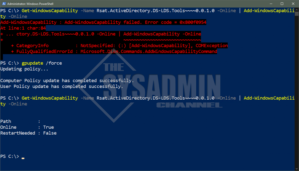 add-windowscapability failed. error code = 0x800f0950 windows 11