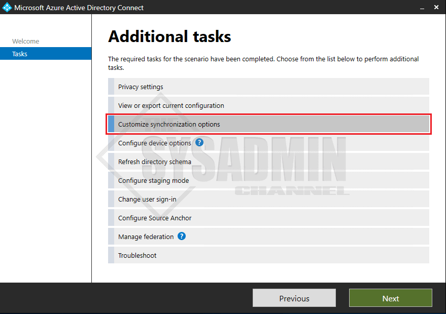 AAD Connect Customize Sync options
