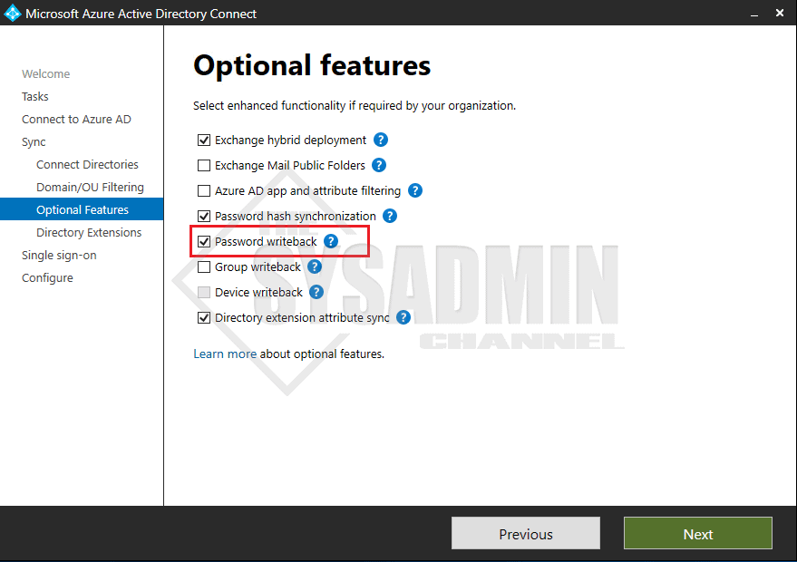 AAD Connect Optional Features for password writeback