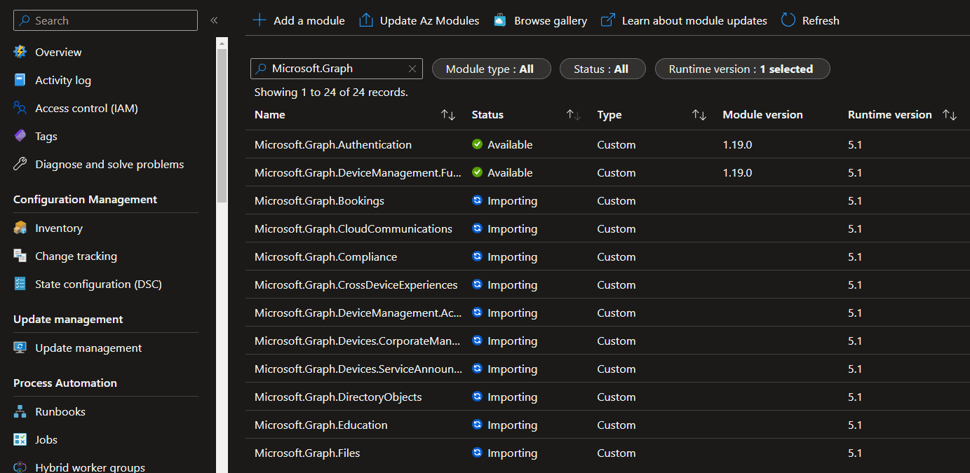 Microsoft Graph Module for Azure Automation